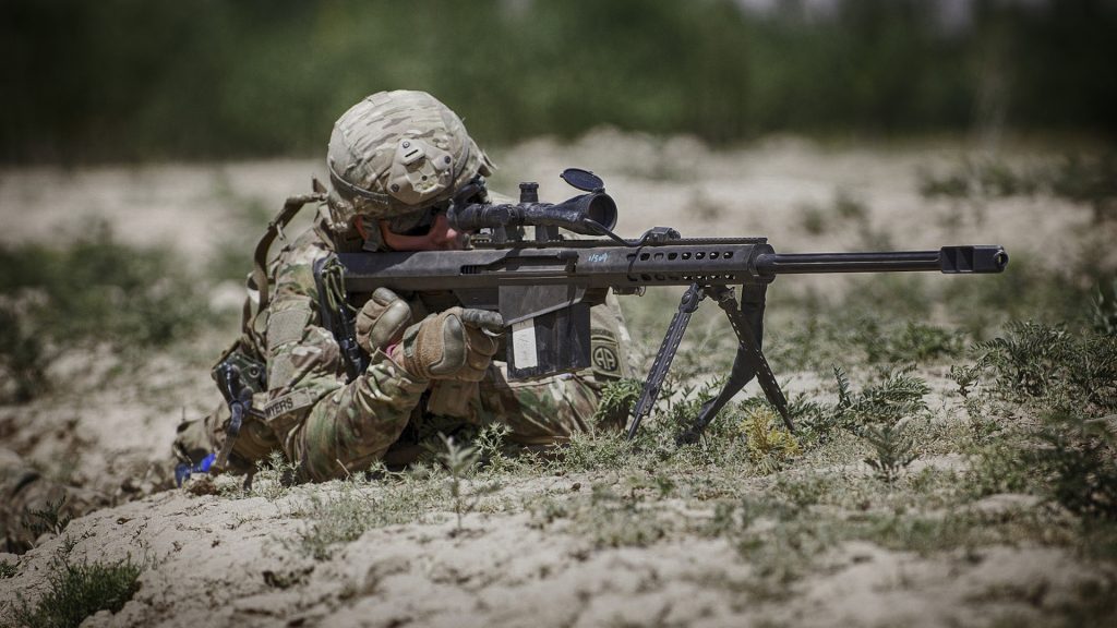 A U.S. Army soldier fires down range with the Barrett M107. (U.S. Army photo by Sgt. Michael J. MacLeod)