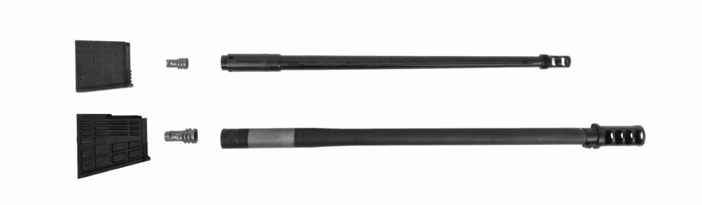 The MRAD® 7mm PRC 26" Barrel Conversion Kit (top) and MRADELR™ 416 Barrett® 30" Barrel Conversion Kit with QDL Muzzle Brake (bottom).